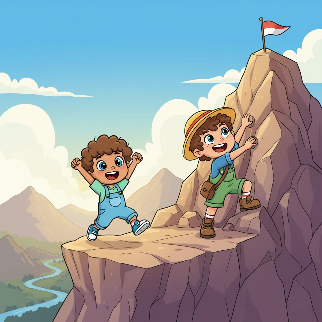With Benny cheering loudly from a nearby rock, Timmy made the final, triumphant push towards the summit. His muscles ached, but his heart soared with excitement. The very top of the Great Mountain was now within reach!