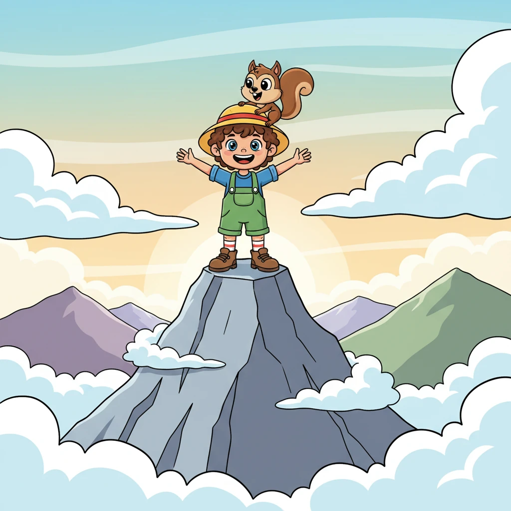 Finally, Timmy stood on the majestic peak, clouds swirling gently around him, and a breathtaking panoramic view stretching endlessly in every direction. Benny scampered up to join him, and together, they celebrated Timmy's incredible journey and his magnificent dream come true.