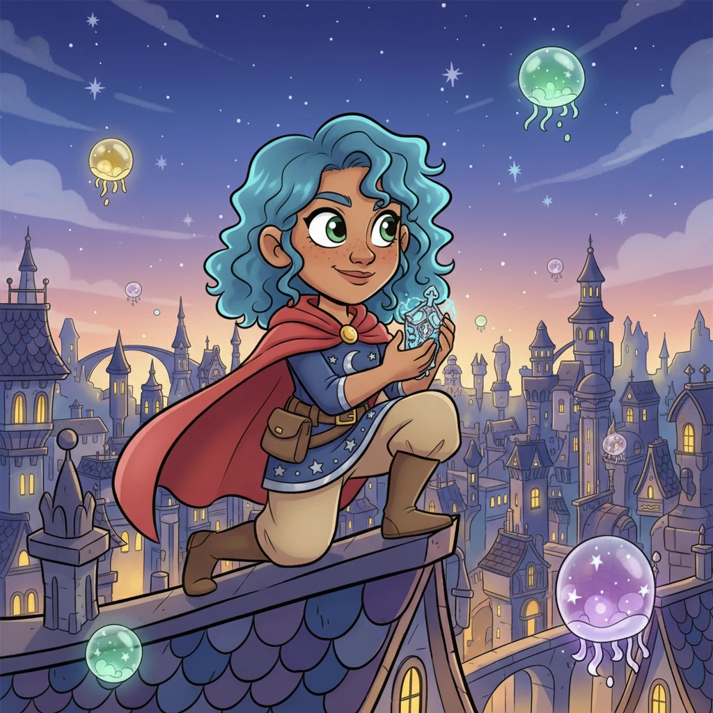 Aria, a nimble figure with a cheeky grin, perches on a fantastical rooftop, gazing at a bustling city sparkling with magical lights. Orbs of glowing energy float past, serving as currency. She clutches a small, shimmering artifact, a testament to her thieving prowess.