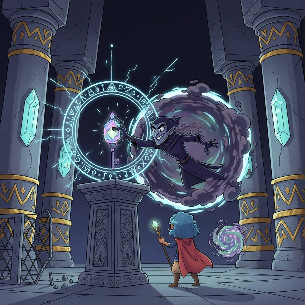 Deep within the grand, ancient Luminari vault, a shadowy figure, Zarthus, with a sly, determined expression, snatches a pulsating, iridescent device – the Aether-Key – from its pedestal. Alarms shimmer, but he vanishes into thin air, leaving a swirl of magical residue.