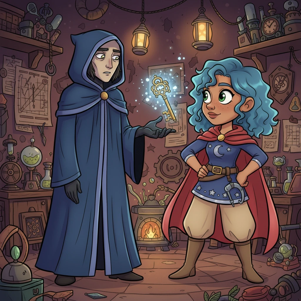 A mysterious, cloaked Luminari envoy, with a stern but desperate face, appears before Aria in her hidden, cozy lair filled with peculiar gadgets. The envoy offers her an impossible task: retrieve the stolen Aether-Key. Aria looks intrigued, a spark of challenge in her eyes.