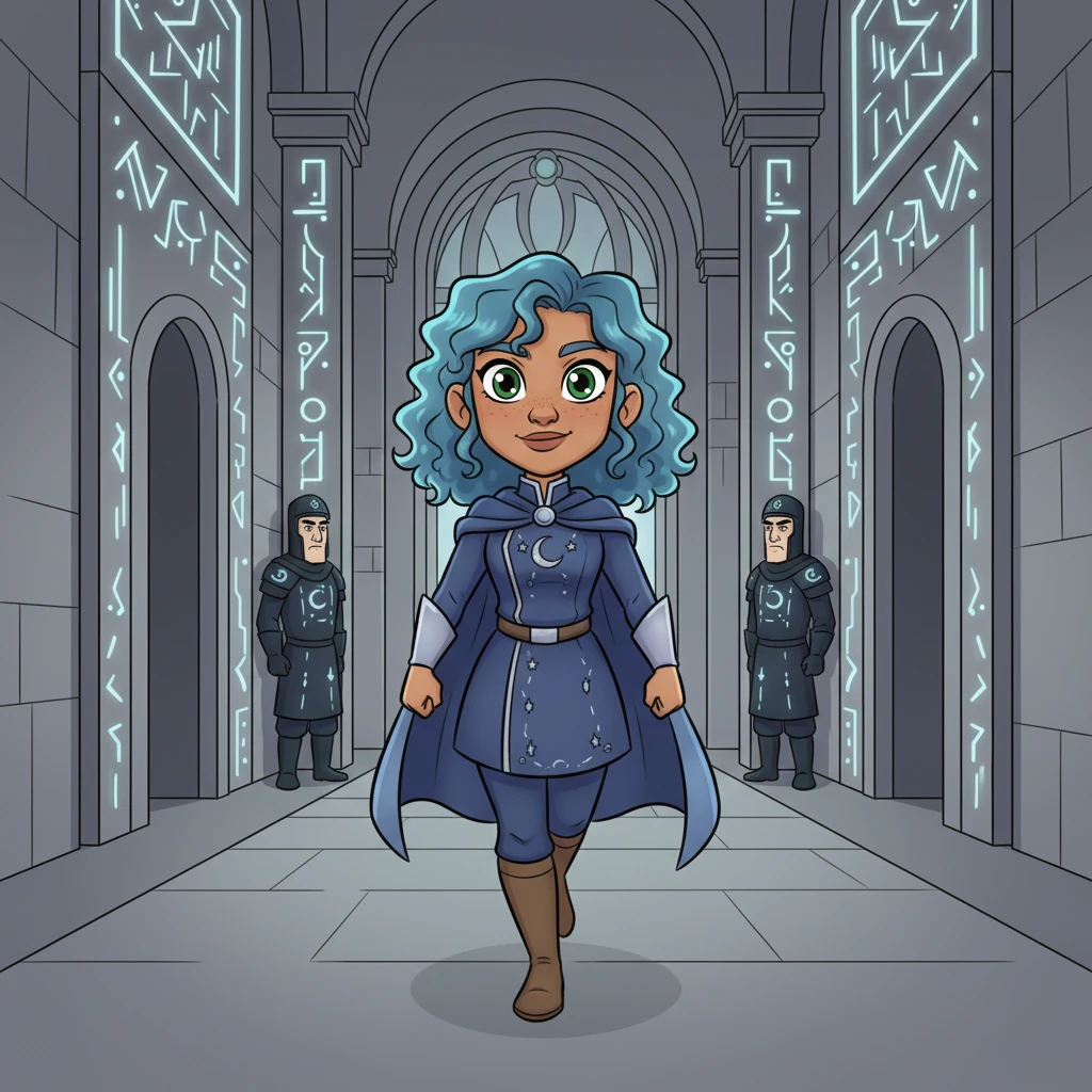 Aria, now disguised in a smart uniform, confidently strides through the opulent, labyrinthine halls of the Luminari institution. Ancient glowing symbols line the walls, and suspicious, stern-faced guards eye her, but she moves with effortless grace, blending in perfectly.