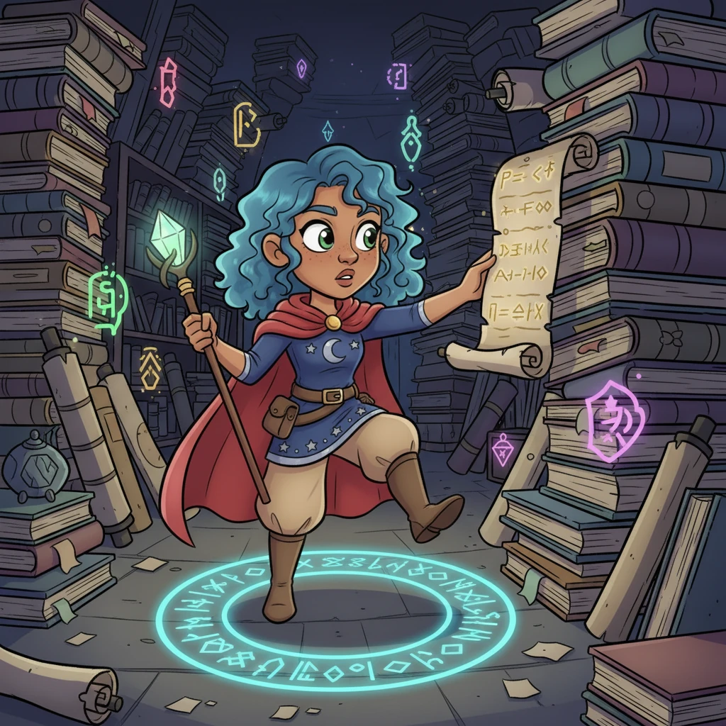 In a dimly lit archive filled with towering scrolls and glowing runes, Aria cleverly bypasses intricate magical traps. She discovers an old, forgotten prophecy about the Aether-Key and Zarthus's dangerous ambition, her face a mix of surprise and determination.