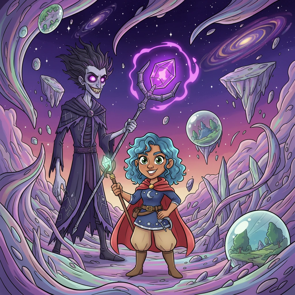 Aria confronts Zarthus in a shimmering, unstable dimension, where reality itself warps around them like taffy. He wields the Aether-Key, his eyes gleaming with mad power, explaining his desire to reshape the world. Aria stands firm, ready to challenge his twisted vision.
