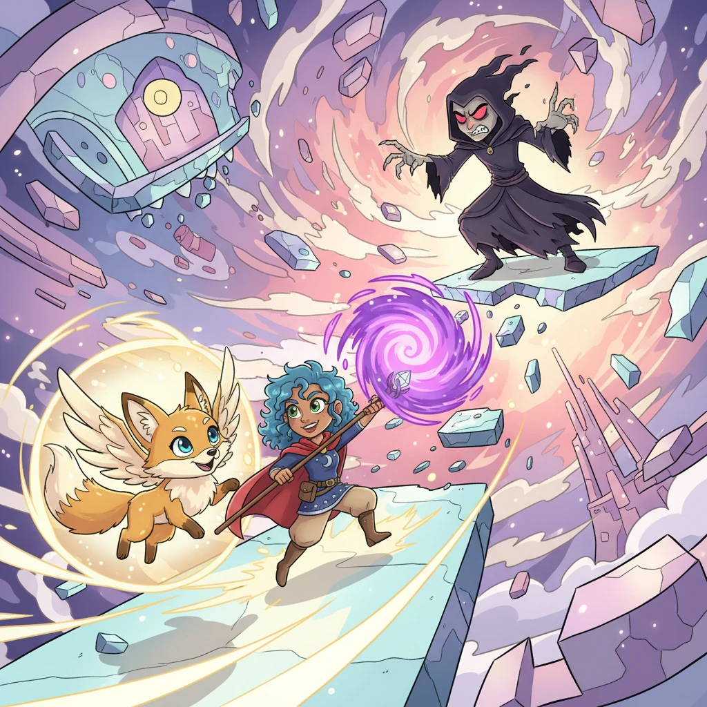 Aria, with the help of an unexpected ally, races across shifting platforms and dodges reality-bending attacks. They work together, their movements synchronized, to corner Zarthus as the dimension around them grows increasingly chaotic.