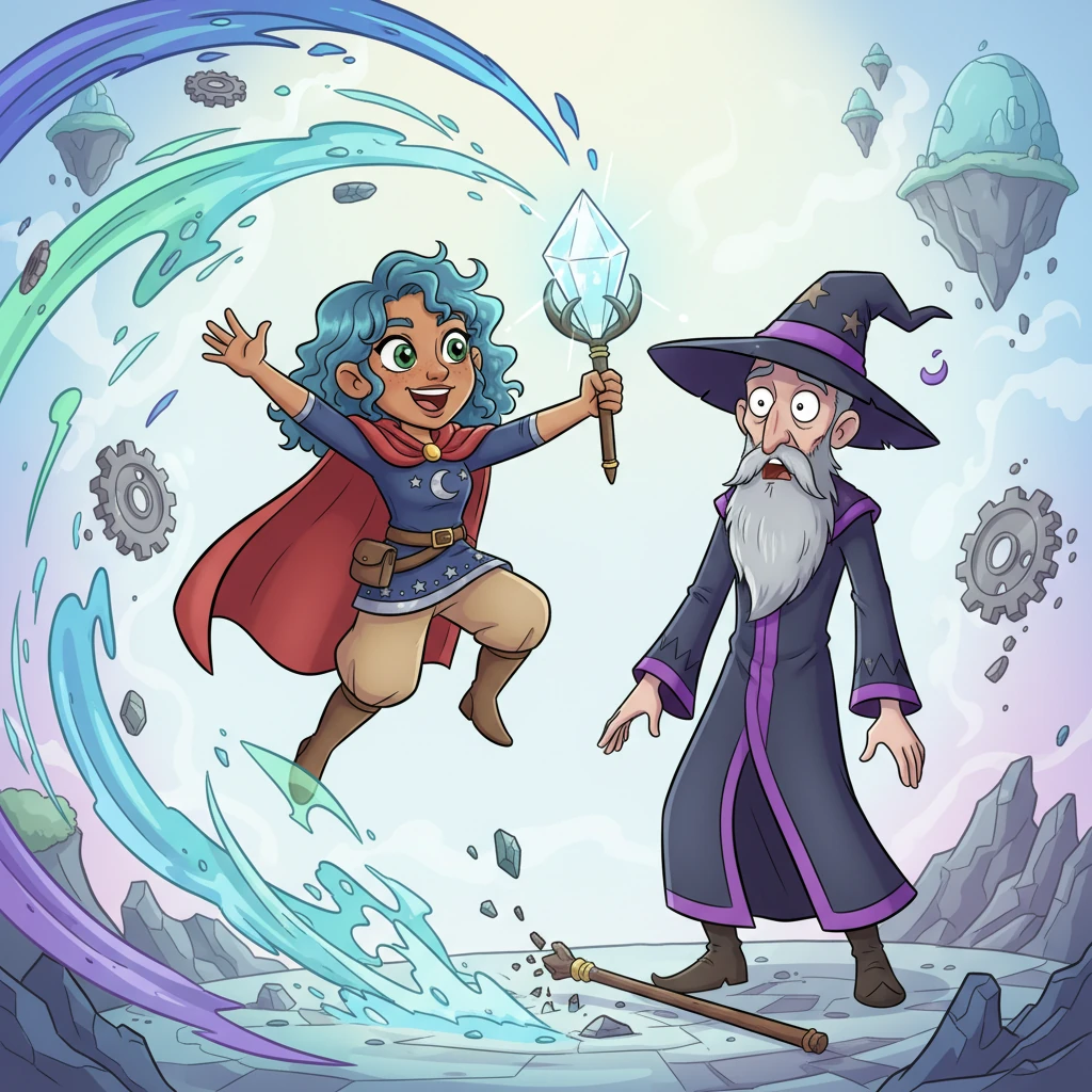 With a final, daring leap, Aria snatches the Aether-Key from Zarthus's grasp, just as reality begins to unravel around them. The dimension stabilizes, and Zarthus is left bewildered and powerless, as Aria holds the shimmering device triumphantly.