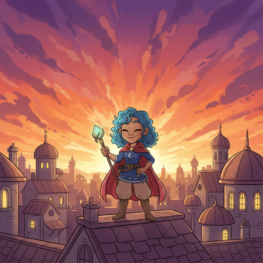 Back in the city, Aria, now hailed as a hero, stands on a rooftop, silhouetted against a vibrant sunset. She smiles, a mix of relief and newfound purpose, knowing her past doesn't define her, and a new adventure awaits. The Aether-Key is safe, and so is their world.