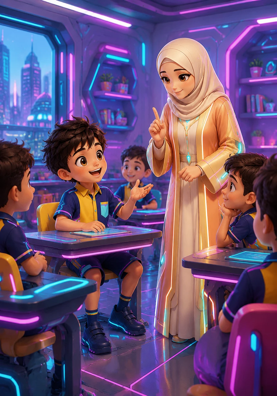 في صف الروضة الجميل والملون، كان سند طفلاً ذكياً ونشيطاً جداً. كان يحب الكلام كثيراً ويحكي قصصه للجميع حتى في وقت الدرس، بينما تبتسم معلمته بلطف وهي تطلب منه الهدوء والتركيز.