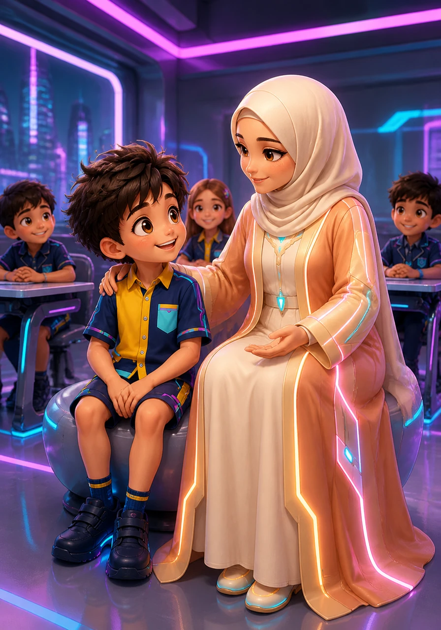 اقتربت المعلمة الحكيمة من سند وجلست بجانبه، ووضعت يدها الحنونة على كتفه بلطف. قالت له بابتسامة دافئة إن البطل الحقيقي ليس من يتكلم دائماً، بل من يتقن فن الصمت ليتعلم ويكتسب المهارات الجديدة.