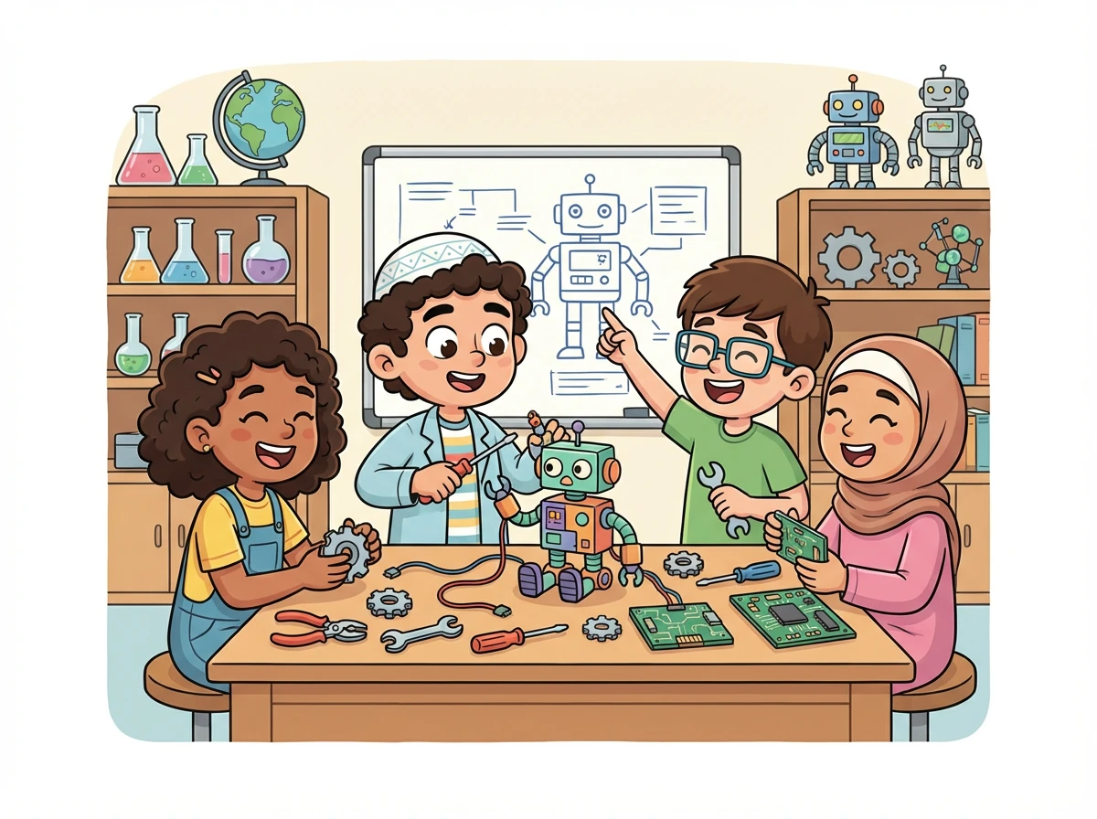 في نادي العلوم، يجتمع عبد الرحيم ورفاقه حول طاولة مليئة بالأدوات والأسلاك. يحاولون جاهدين تجميع روبوت صغير.