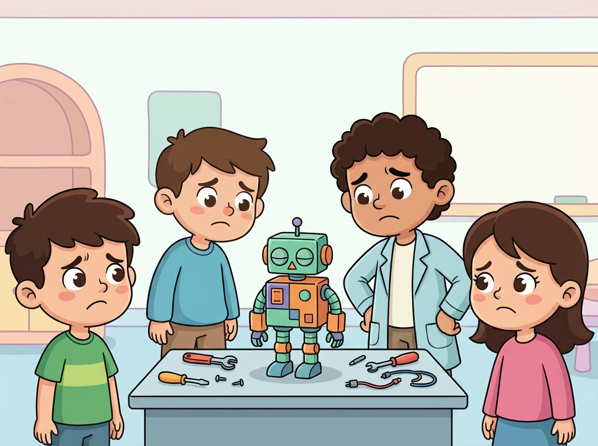 بعد ساعات من العمل الدؤوب، يقف الروبوت الصغير شامخًا، لكنه لا يتحرك. تخيم خيبة الأمل على وجوه التلاميذ.