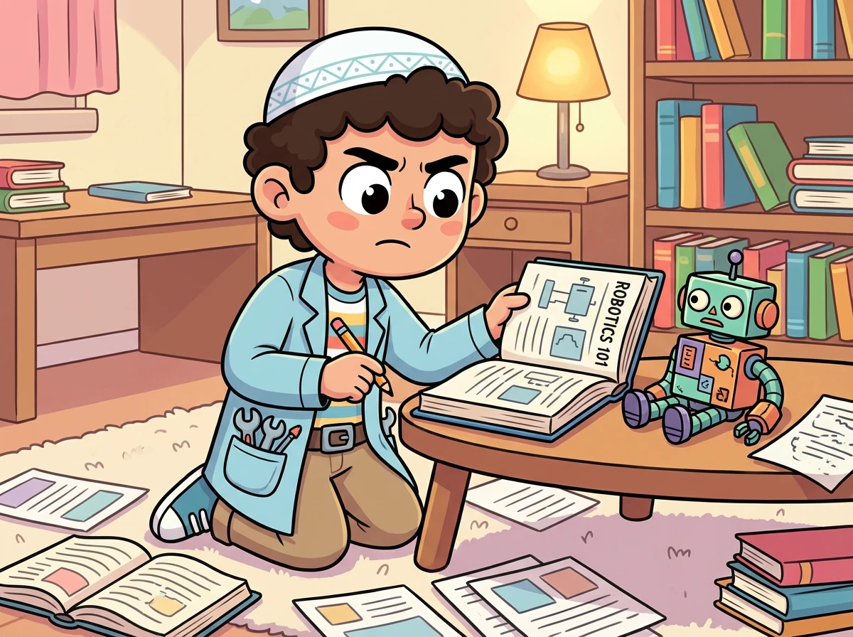 ينهمك عبد الرحيم في قراءة الكتب والمقالات العلمية، باحثًا عن أي معلومة قد تساعده في إصلاح الروبوت.