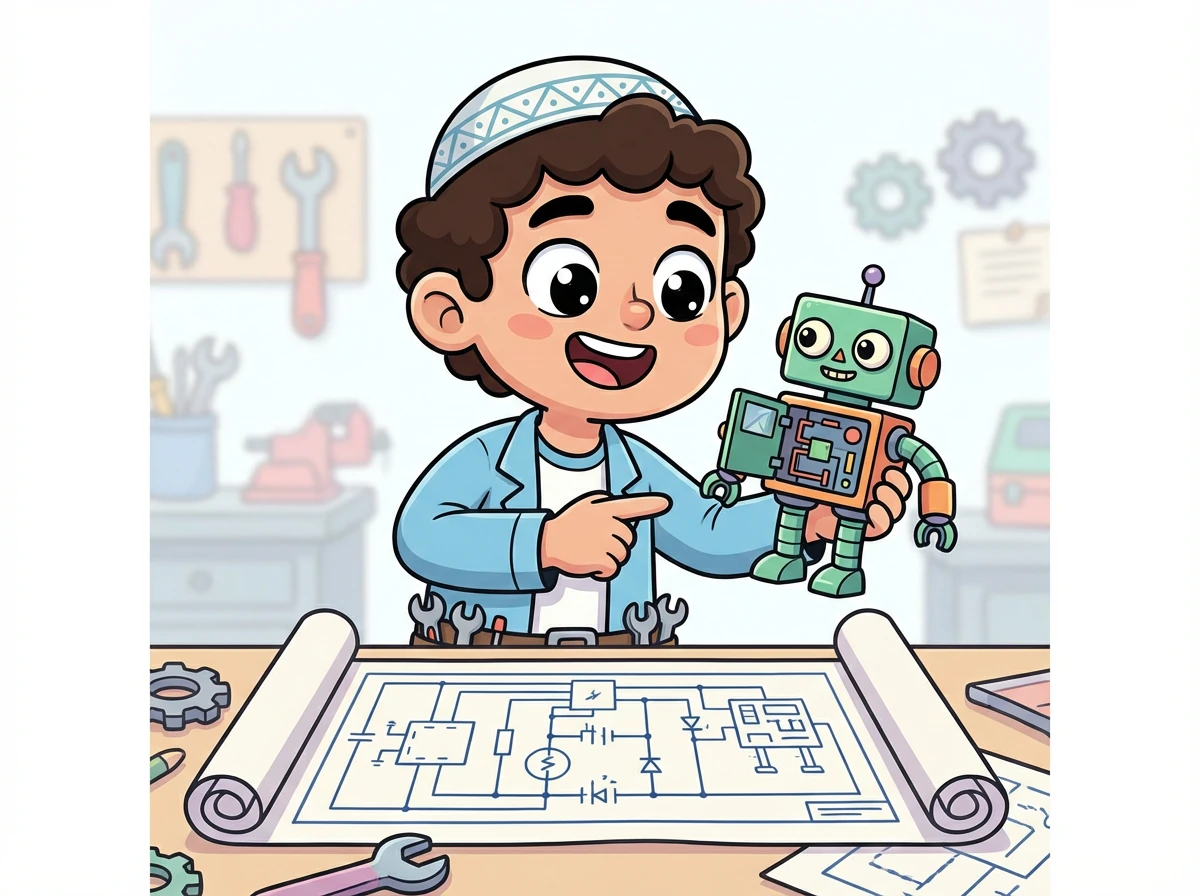 فجأة، تلمع عيناه! يكتشف عبد الرحيم رسمًا تخطيطيًا لدائرة كهربائية مشابهة لدائرة الروبوت.