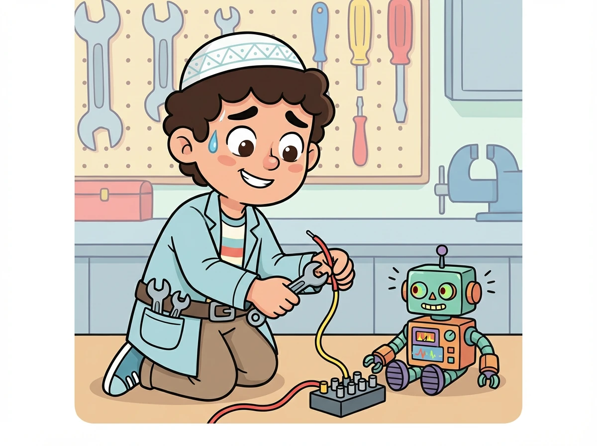 باستخدام أدواته الصغيرة، يقوم عبد الرحيم بتوصيل السلك المرتخي بإحكام. يتنفس الصعداء ويشعر بالأمل.