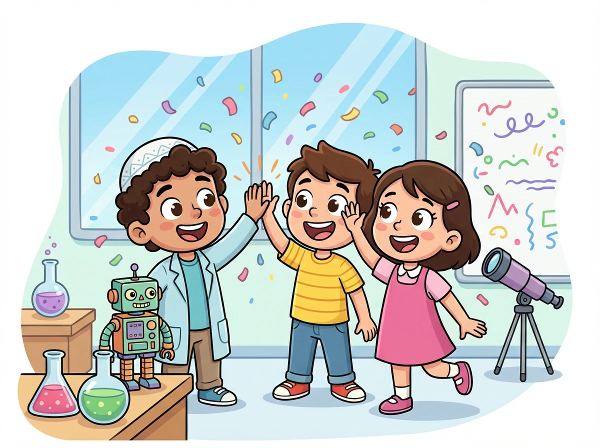 تتعالى صيحات الفرح والبهجة في غرفة نادي العلوم. يتبادل عبد الرحيم ورفاقه الابتسامات والتهاني.