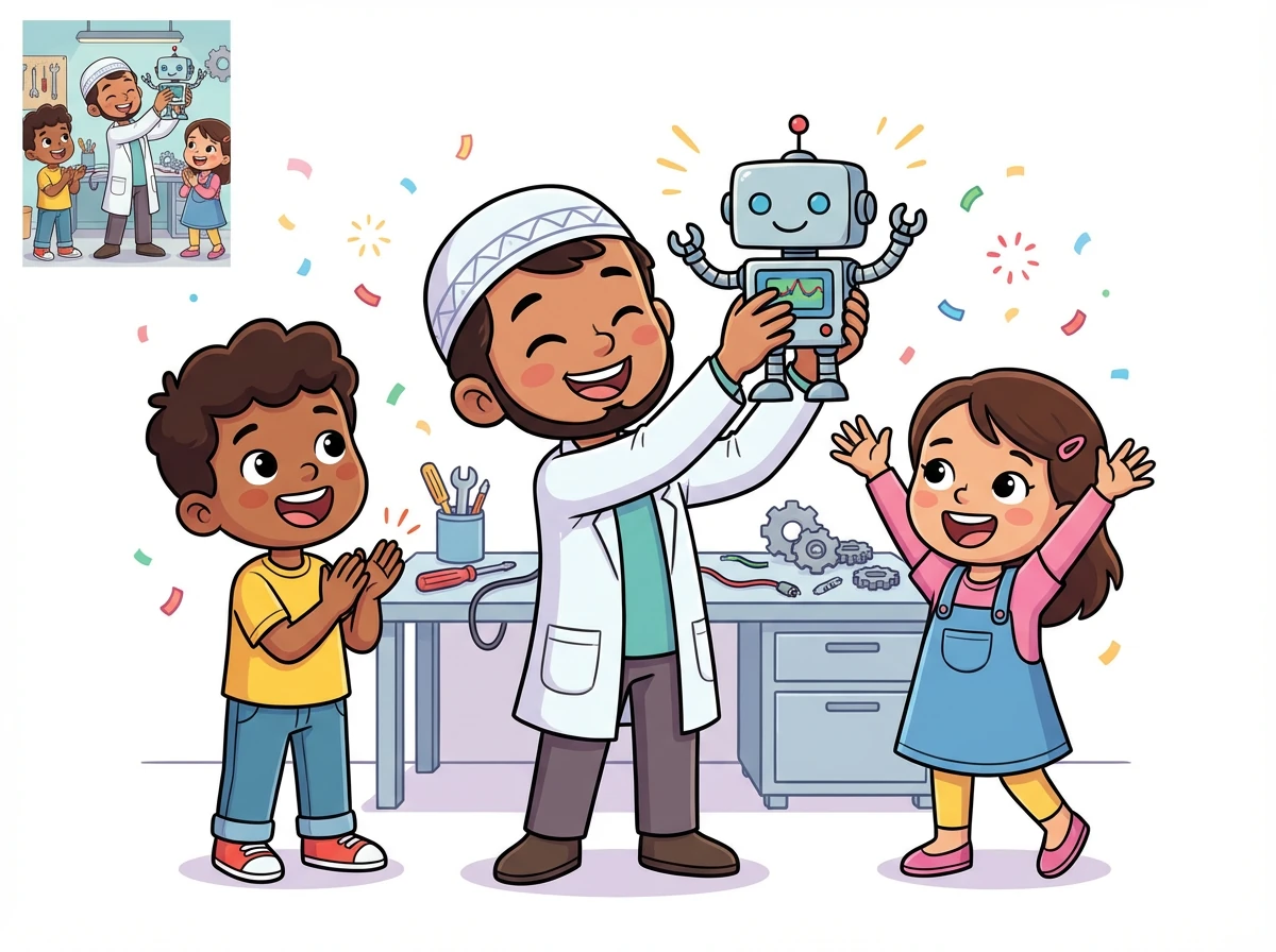 يتعلم عبد الرحيم ورفاقه درسًا قيمًا: المثابرة والعمل الجاد يؤديان دائمًا إلى النجاح. ويحتفلون بنجاحهم في بناء الروبوت الصغير.