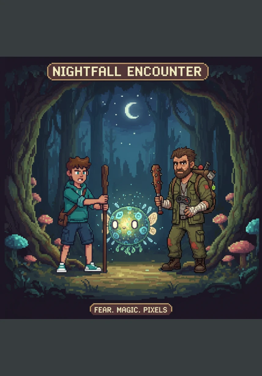 As the first night falls, Nate frantically piles up dirt blocks to create a tiny, cramped shelter for protection. His eyes go wide with worry as he hears the first strange howls and rustling leaves echoing through the thick, dark woods.