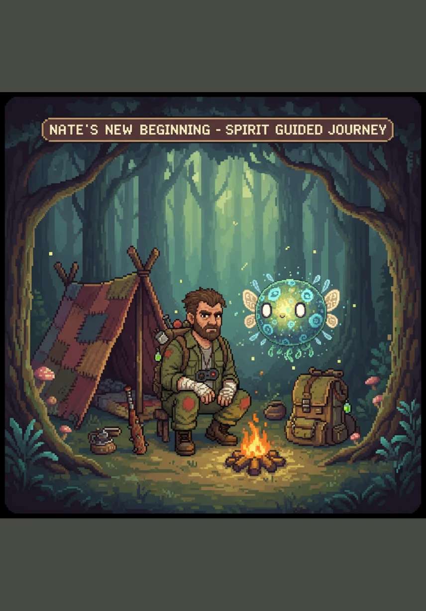 By the tenth night, Nate has learned to gather glowing mushrooms to light up his small, humble camp. He sits by a crackling fire, feeling a little more brave despite his clumsy movements and basic gear.