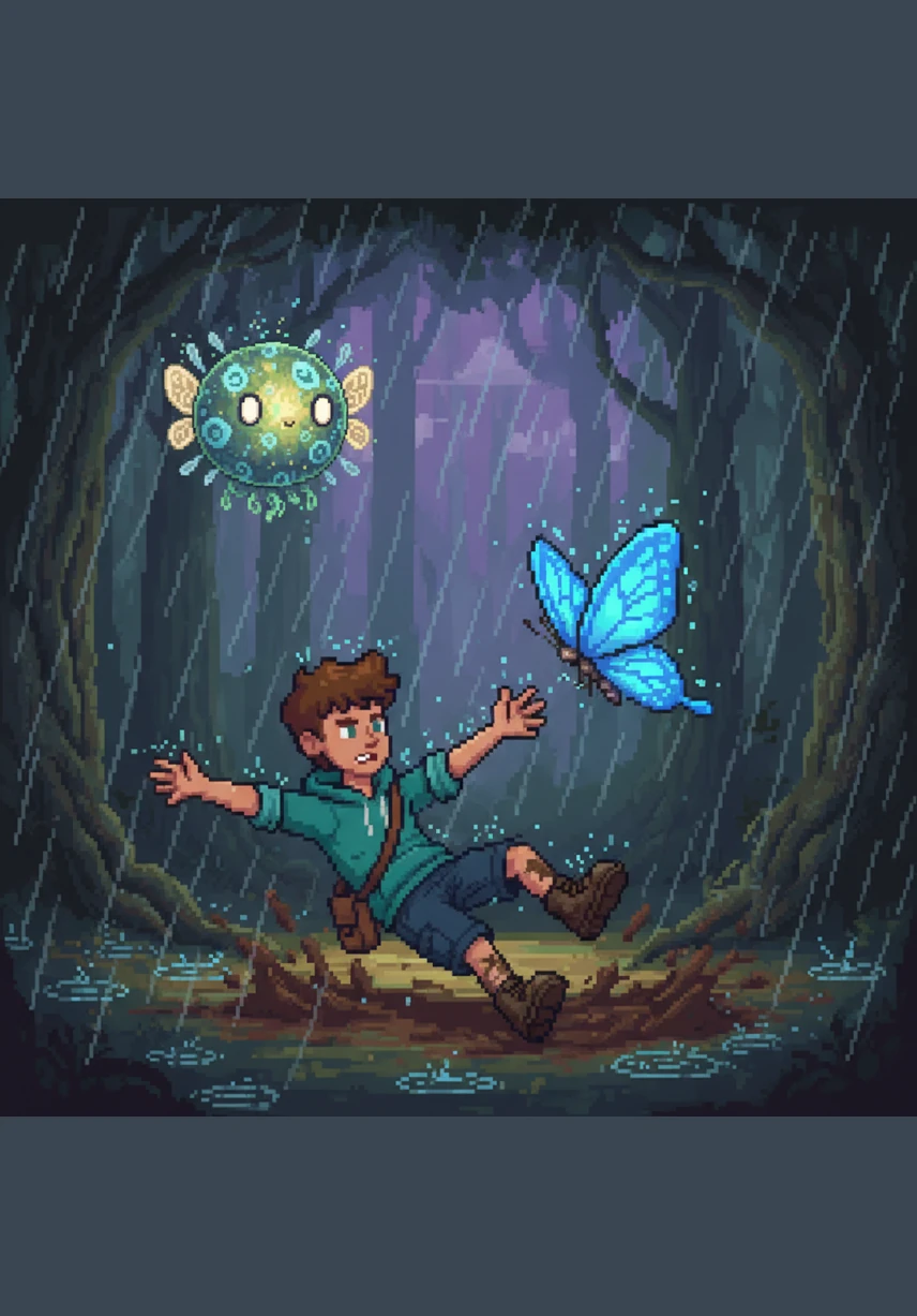 A sudden rainstorm turns the forest floor into a muddy mess, and Nate slips while trying to catch a rare blue butterfly. He realizes he needs better boots and a much sturdier roof over his head to survive the changing weather.