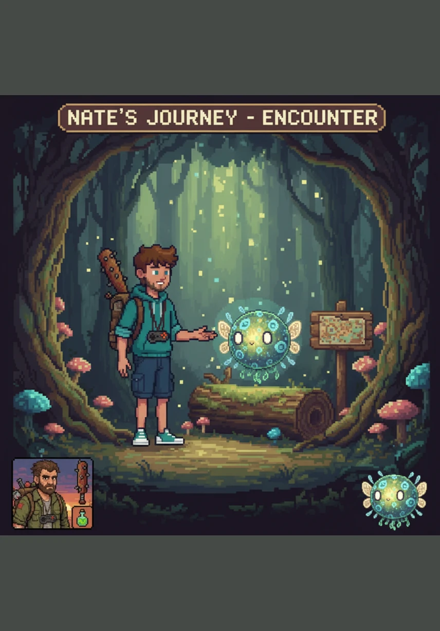 While exploring a hidden grove, Nate meets a round, glowing forest spirit who offers him a shimmering ancient seed. This is his first real friend in the 99-night challenge, teaching him the secrets of the plants and trees.