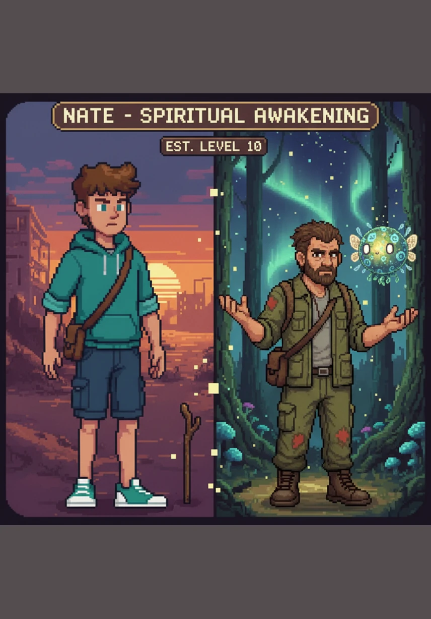 Halfway through his journey, Nate crafts a stone sword and a sturdy helmet made of reinforced bark. He stands tall against the swirling misty fog, no longer trembling at every rustle in the leaves or shadow in the distance.