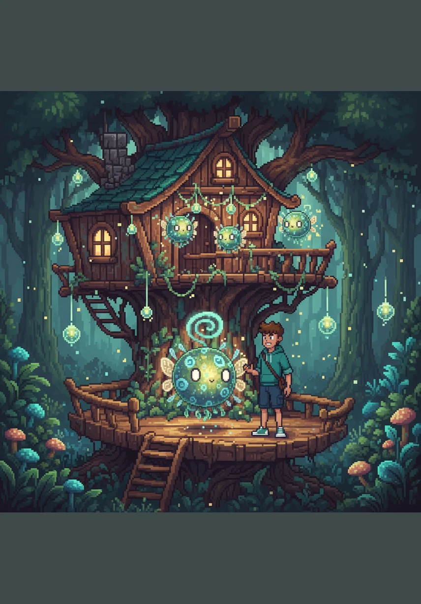 Nate spends several days building a magnificent treehouse high above the reach of the forest floor prowlers. He decorates the wooden walls with colorful flowers and hanging vines he collected during his daytime explorations.