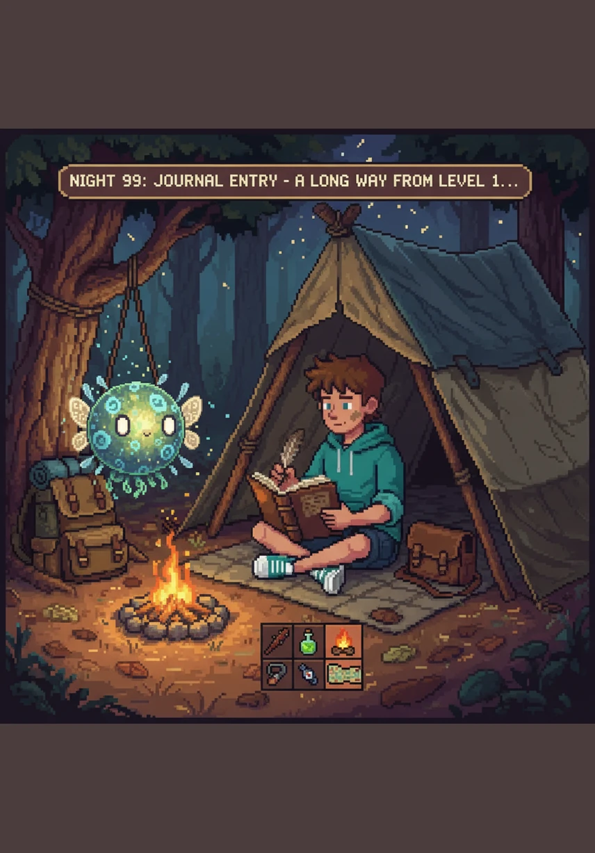 The ninety-ninth night finally arrives with a sky full of shooting stars and a peaceful, rhythmic silence. Nate sits on his high balcony, looking out over the vast forest he once feared but now considers his home.