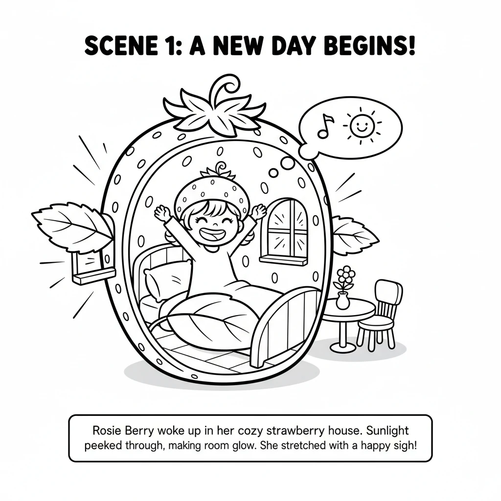 Rosie Berry woke up in her cozy strawberry house. Sunlight peeked through the leaves, making her little room glow. She stretched her arms with a happy