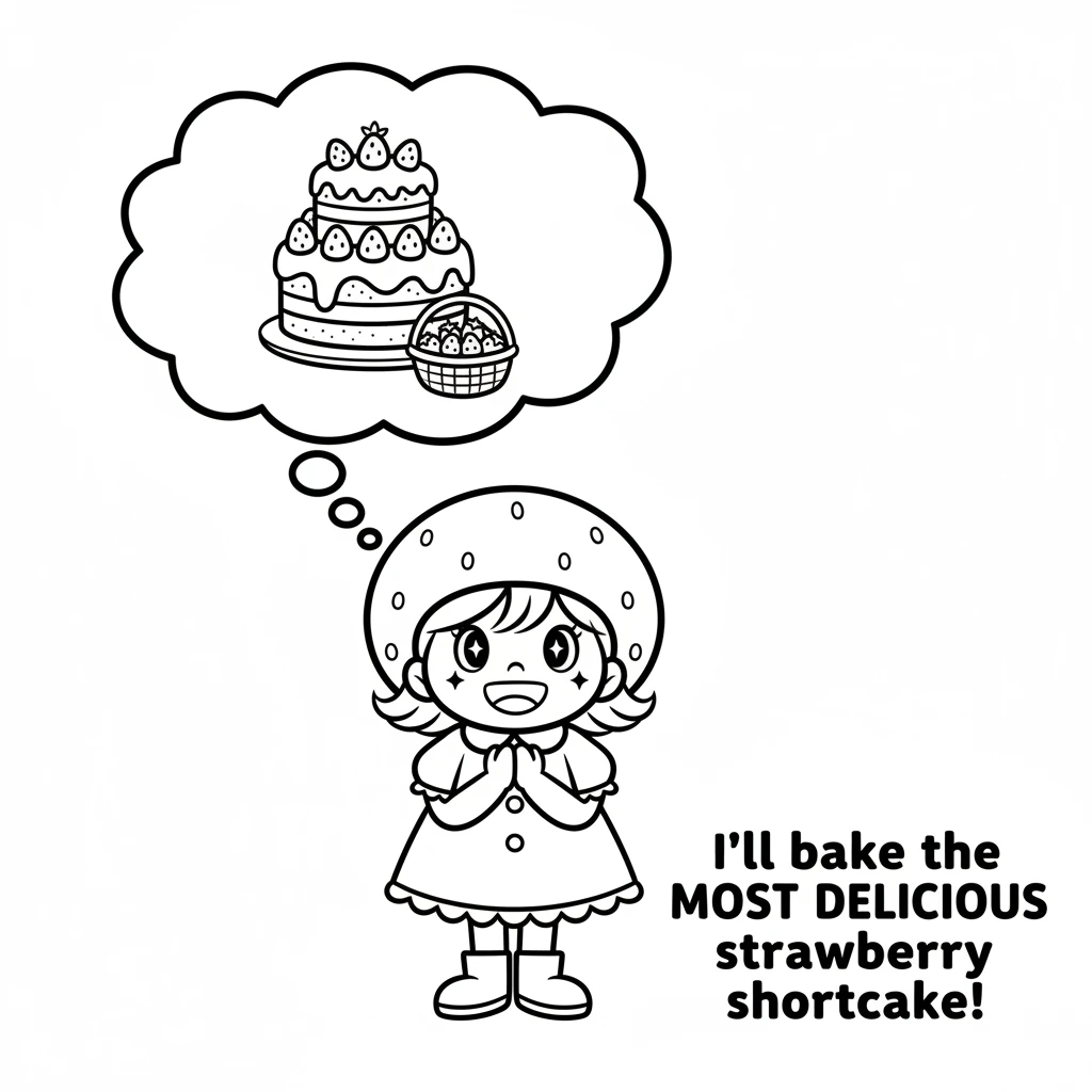 A wonderful idea popped into Rosie's head! She wanted to bake the most delicious strawberry shortcake ever. Her eyes sparkled with excitement as she i