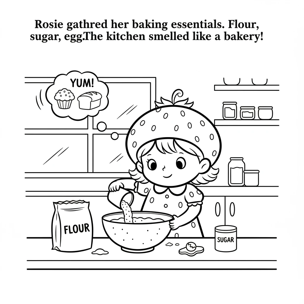 First, Rosie gathered all her baking essentials. She carefully measured flour into a big bowl, then added sugar and a tiny, fresh egg. Her kitchen sme