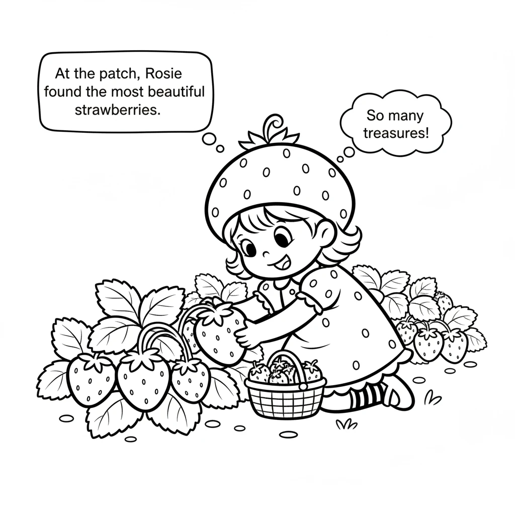 At the patch, Rosie found the most beautiful strawberries. They were big and round, nestled among green leaves. She carefully picked each one, filling