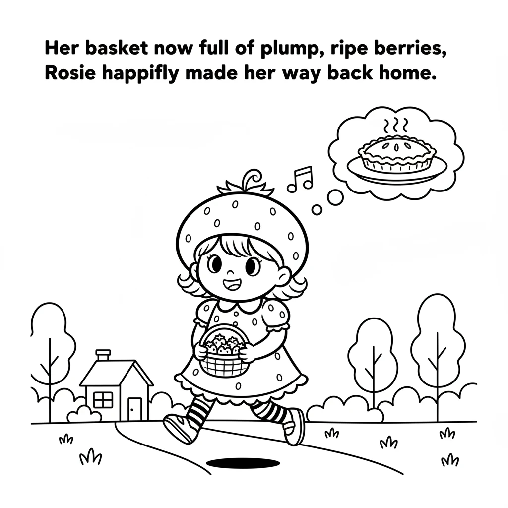 Her basket now full of plump, ripe berries, Rosie happily made her way back home. She hummed a little tune, excited to start the next part of her baki