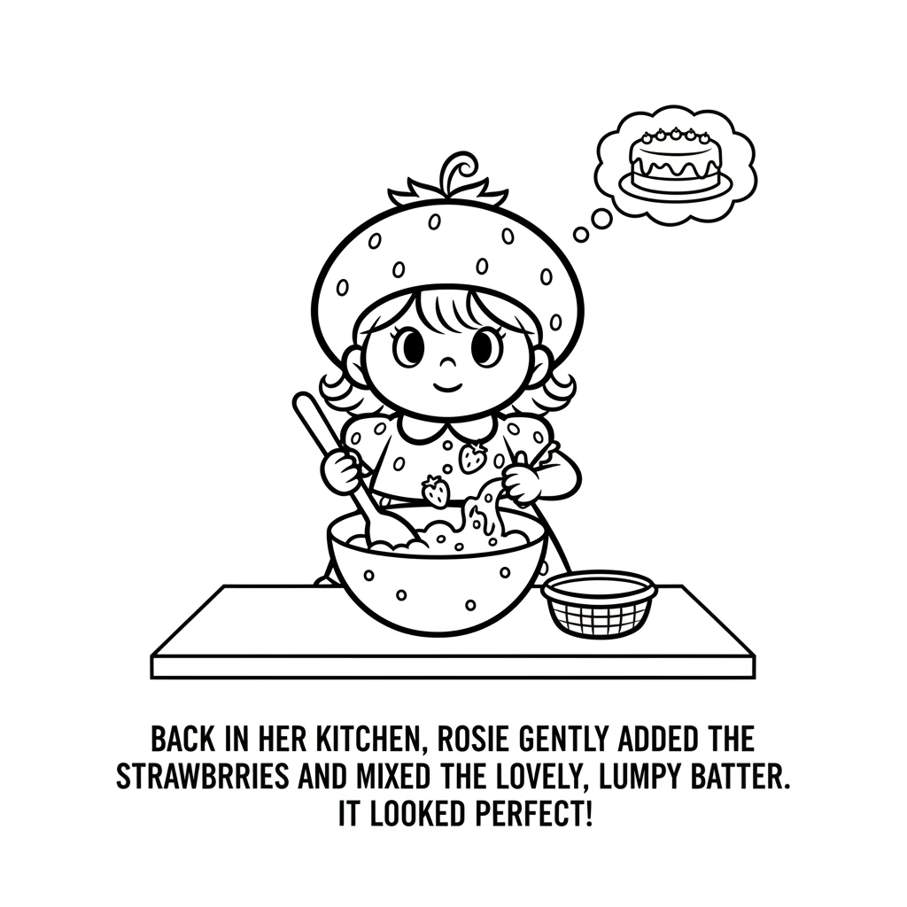 Back in her kitchen, Rosie gently added the fresh strawberries to her bowl of ingredients. She mixed everything with a big spoon, creating a lovely, l