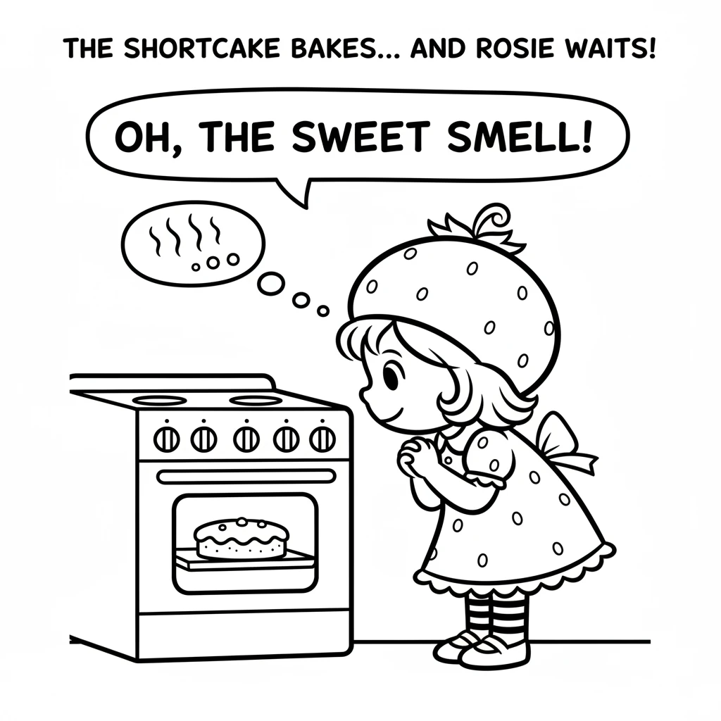 The shortcake was finally in the oven, baking slowly. A warm, sweet smell drifted through Rosie's house, making her tummy rumble. She watched the oven