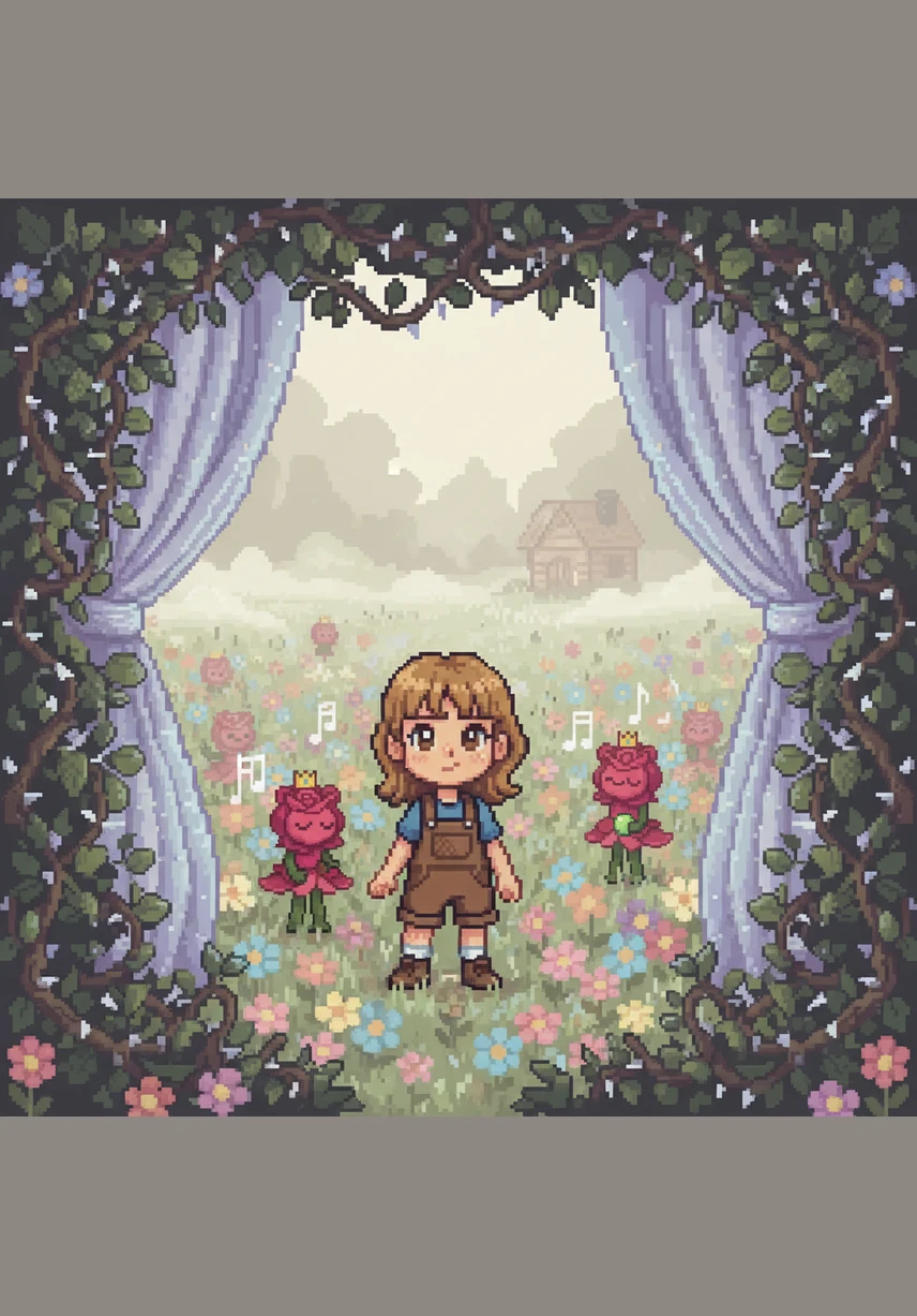Lily stepped through a shimmering hedge of thorns that parted like a curtain to welcome her. Before her lay a valley filled with flowers that sang in harmony, though their voices were faint and their colors were muted by a lingering fog. She realized she was no longer in her grandmother’s backyard, but in the heart of a legend.