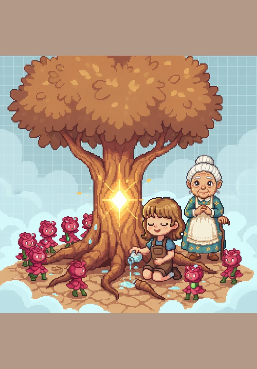 Lily remembered the stories her grandmother told her and began to recite them aloud with love and conviction. As she spoke, she gathered dew from the singing flowers and poured it onto the thirsty roots of the Heart Tree. A brilliant spark ignited within the trunk, spreading warmth through the cold mist.