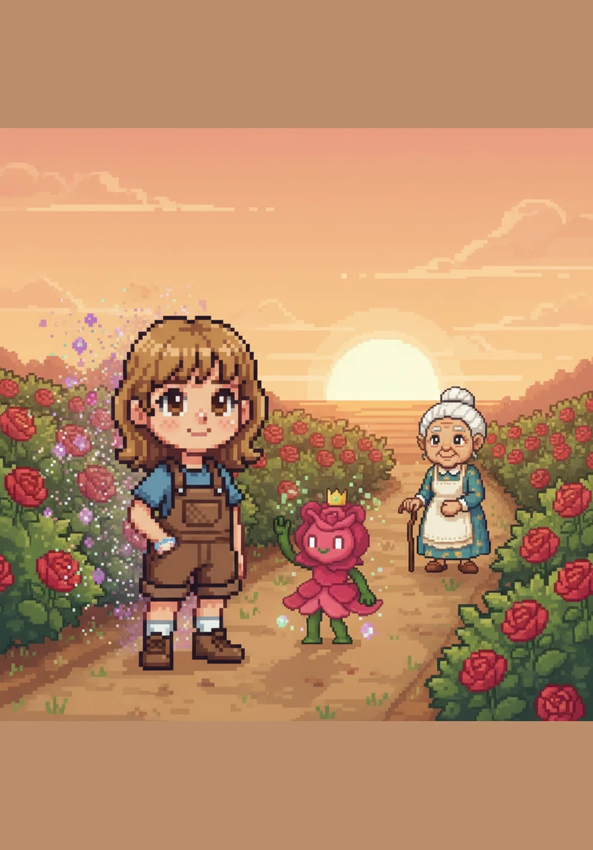 The magical landscape slowly faded back into the familiar rows of her grandmother’s garden as the sun began to set. Lily stood among the ordinary roses, but she knew the truth that lay hidden beneath the surface. With the crystal petal tucked safely in her pocket, she walked home, knowing magic was everywhere if one only knew how to listen.