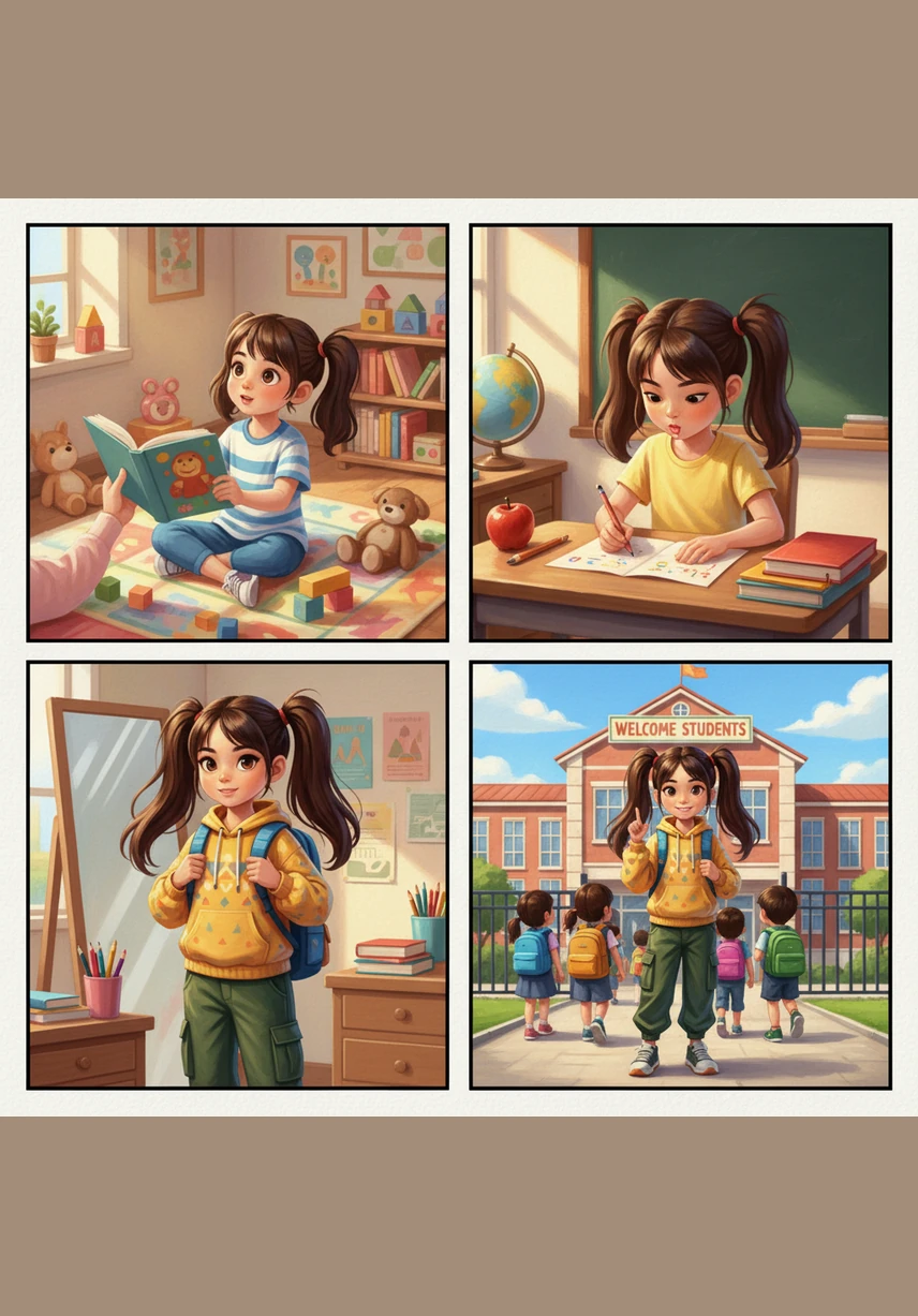 站在明新小学校门口，JoYing 挺起胸膛，自信地向父母挥手告别，夕阳下她与妈妈默契击掌，曾经的小婴儿已成长为即将闪闪发光的小学生。