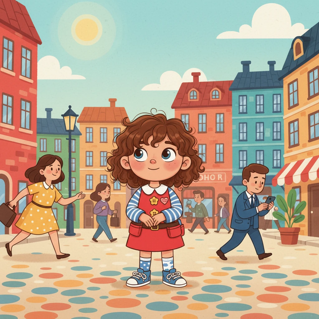 Lily stands in the vibrant town square, watching people go by. Buildings of different shapes and colors line the streets, and a gentle sun shines down. She wonders about all the busy grown-ups she sees every day.