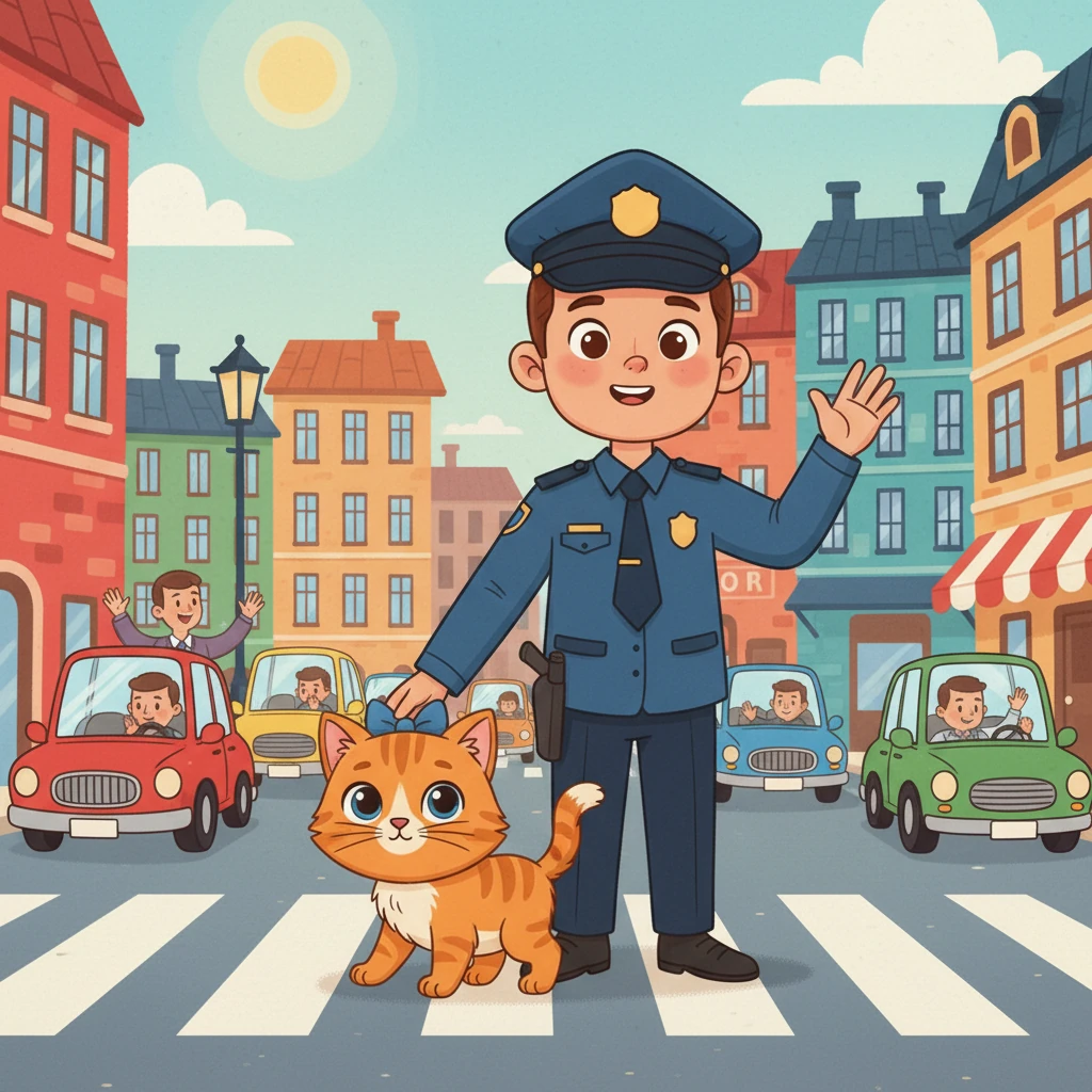 A friendly police officer, with a kind smile, helps a little cat safely cross the busy street. His uniform is neat and blue, and he waves hello to Lily. He makes sure everyone in town feels secure.