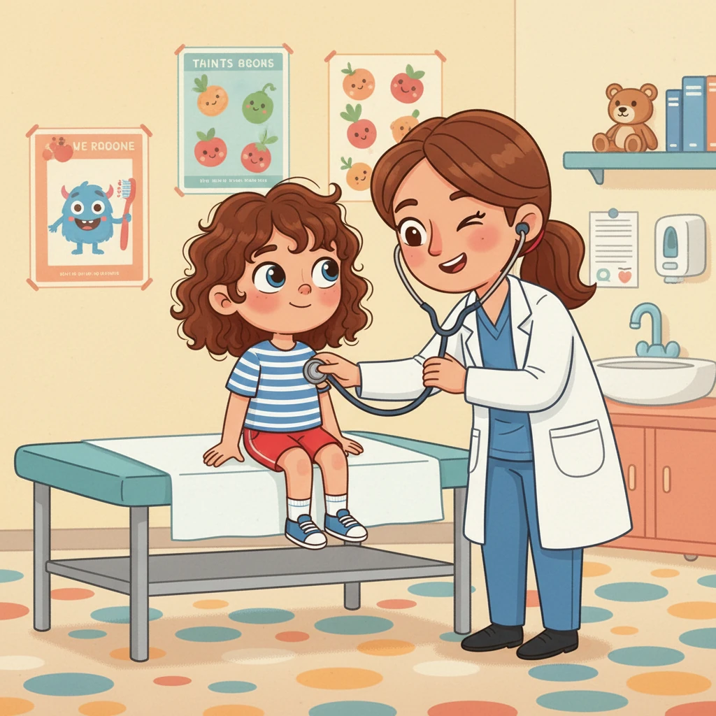 Lily sits on an examination table, getting a check-up from a warm doctor. The doctor listens to Lily's heart with a stethoscope and gives her a reassuring wink. She explains how she helps everyone stay healthy and happy.