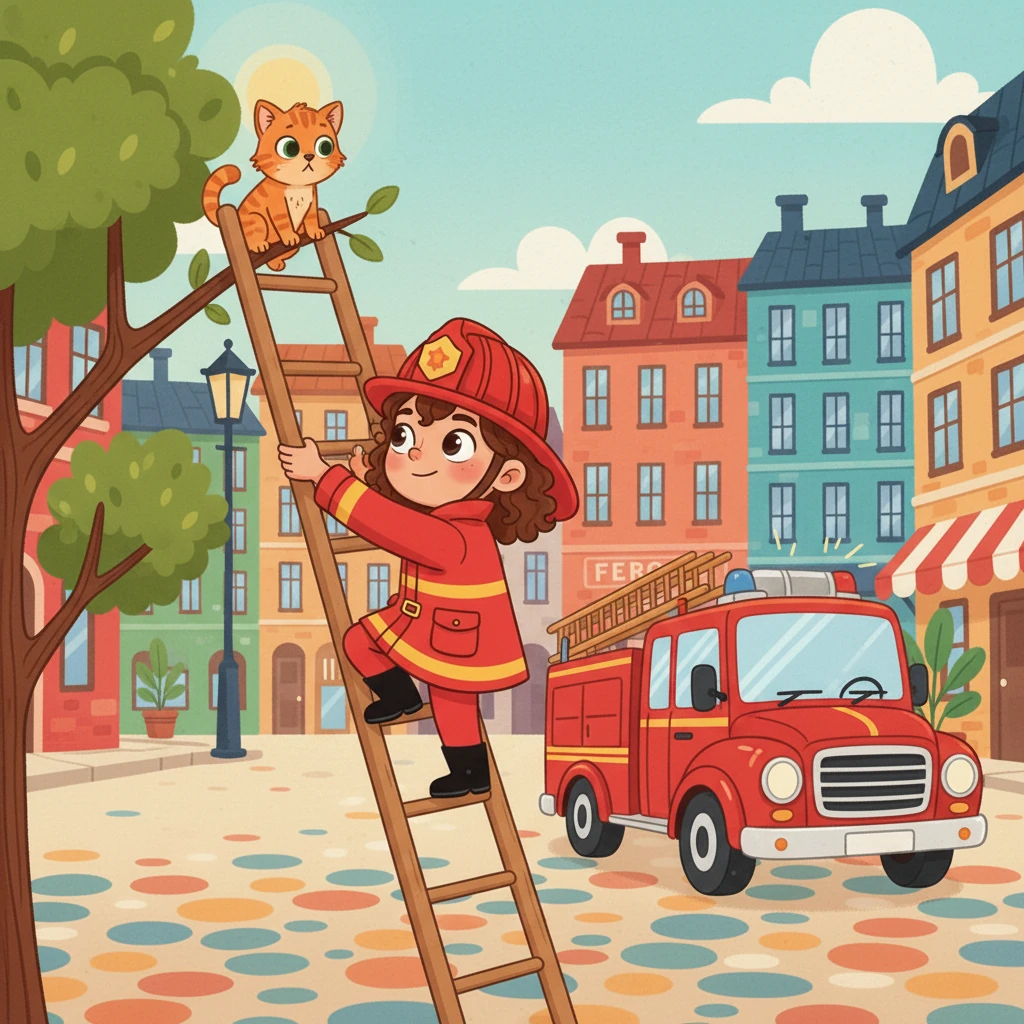 A brave firefighter, dressed in his protective gear, quickly climbs a tall ladder towards a small tree. He is rescuing a kitten stuck high up. His big red truck with flashing lights stands ready.