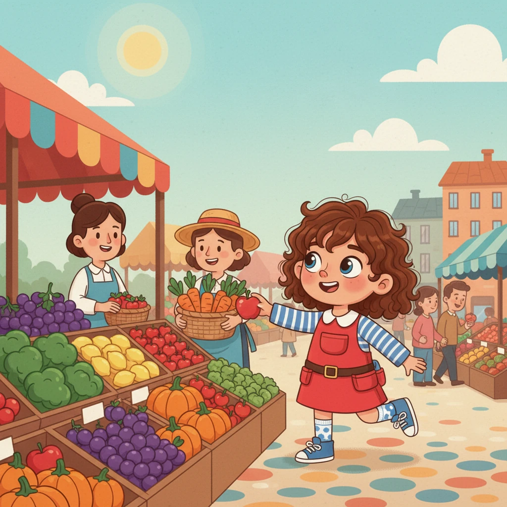 At the bustling market, a cheerful greengrocer arranges colorful fruits and vegetables on her stall. Next to her, a smiling farmer holds a basket of freshly picked carrots. They both provide delicious, healthy food for the whole town.