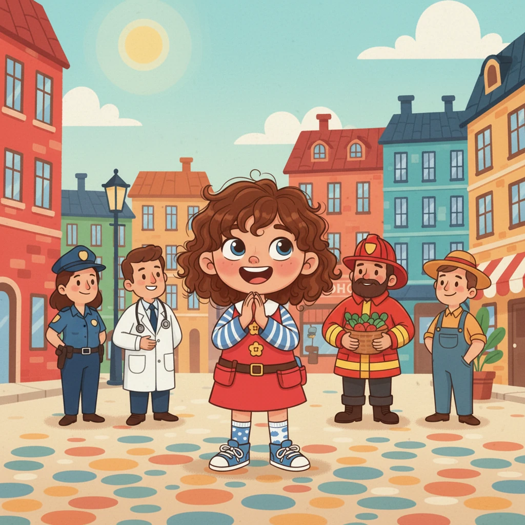 Lily is surrounded by all the wonderful community helpers, including the police officer, doctor, firefighter, greengrocer, and farmer. They all smile together, showing how they work as a team. Lily claps her hands, feeling so grateful for every one of them.