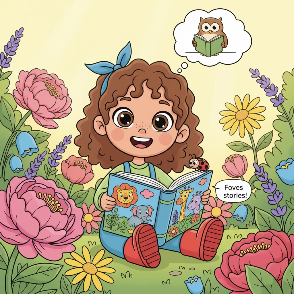 Fern, a small child with bright, curious eyes and a cheerful smile, sits nestled among colorful flowers in a sun-drenched garden. She holds a large, o