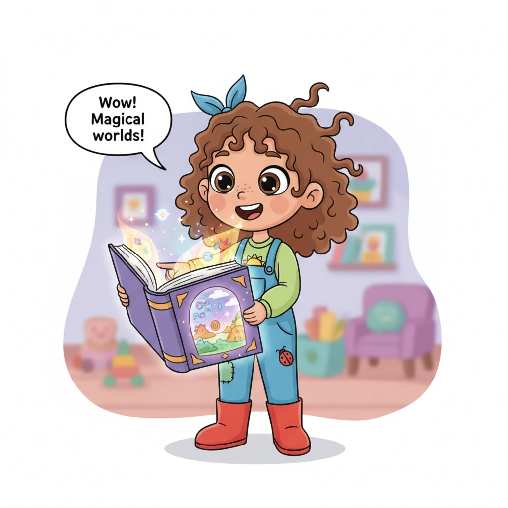 Fern's eyes sparkle as she gazes at the book, imagining the pages transforming into shimmering, magical doorways. Her hair seems to float with excitem