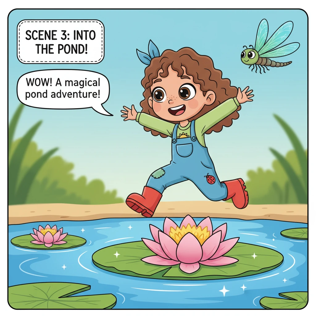 Suddenly, Fern is no longer in her garden but has playfully 'jumped' into a vibrant pond scene. Giant, cartoonish water lilies with bright pink and ye