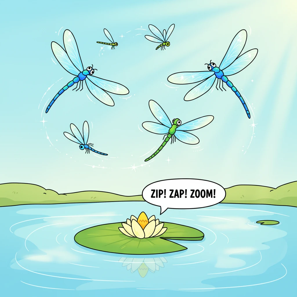 Above the tranquil water, several dragonflies with exaggerated, shimmering wings zip and zoom in playful patterns. Their long, slender bodies are a br