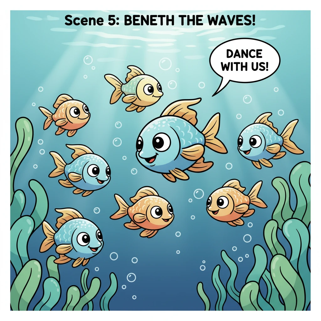 Beneath the crystal-clear surface, a school of little fish with big, friendly eyes and shimmering scales playfully dart through the swaying underwater