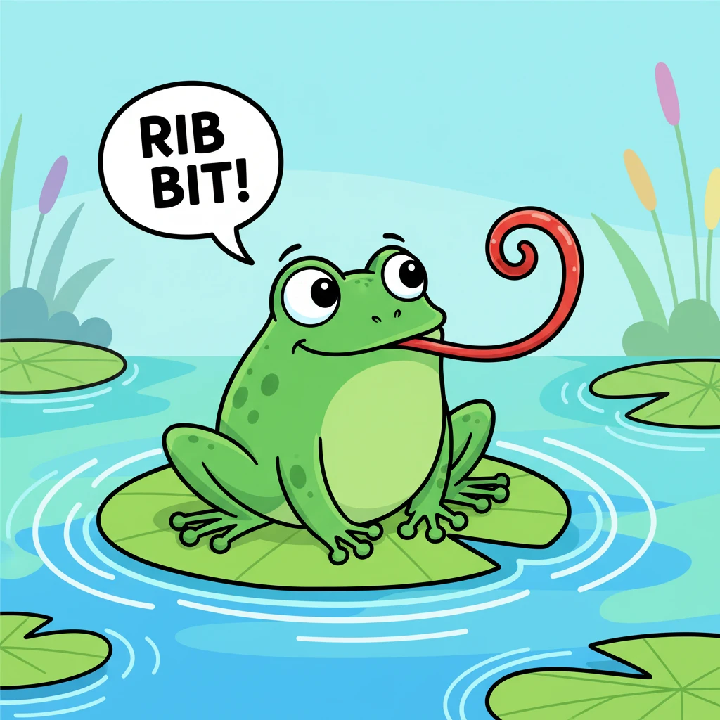 A plump, emerald-green frog with a wide, expressive smile sits regally on a lily pad, letting out a joyful 'ribbit!' Its large, googly eyes look aroun